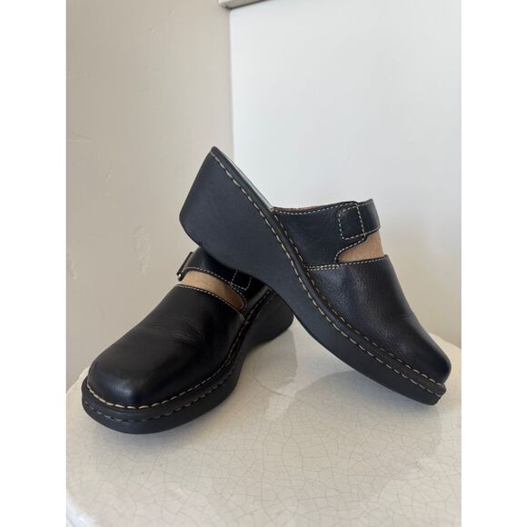 Born Shoes - Born Y2K Black Leather Slip-On Clogs Wedge with Tan Stitching Accent Size 7 GUC
